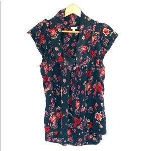 Romantic Anthropologie Odille Deuxhill Floral Cowl Neck Silk Blouse Cap Sleeves